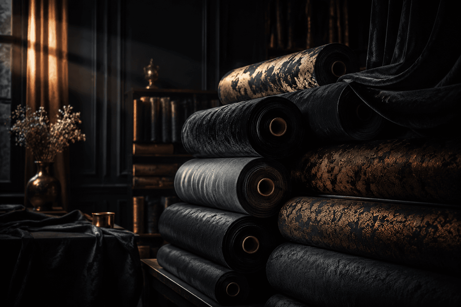 Rolls of curtain fabric